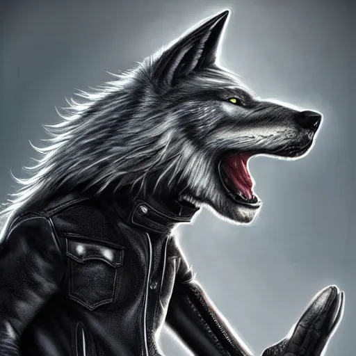 Image similar to A wolf with a small head wearing a leather jacket and leather jeans and leather gloves, trending on FurAffinity, energetic, dynamic, digital art, highly detailed, FurAffinity, high quality, digital fantasy art, FurAffinity, favorite, character art