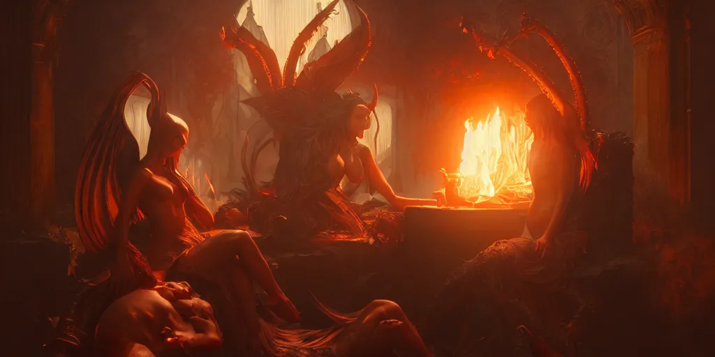 Image similar to ultra realistic, artstation, concept art, natural lighting, by artgerm and greg rutkowski and alphonse mucha and wlop, demons, fire, hell interior. rendered in octane render with photorealistic lighting, 8 k, hd