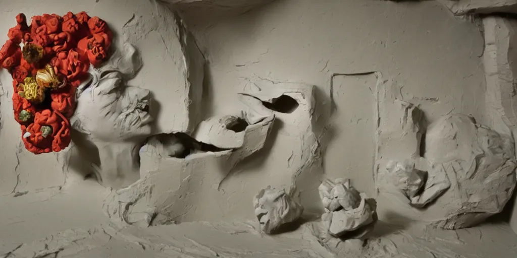 Image similar to plasticine sculpture stop motion. salvador dali clay models. gallery paintings of flowers. visitors. room with a small hole in wall. john craxton. high detail. photorealistic