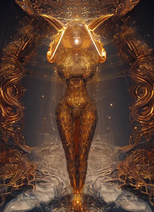 Image similar to beauteous sumptuous goddess, crystal, gold, copper, bronze biomechanical with incredible iridescent pearlescent voluminous fluorescent neon indirect soft glow cinematic lighting, crystalline masterpiece incrustations, hyperdetailed features, movie still, intricate, octane render, cinematic forest lighting, unreal engine, crepuscular rays, god rays