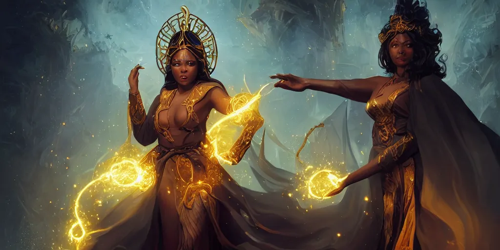 Image similar to gorgeous black woman as a spellcaster mage, singular figure, dynamic pose full body, hands casting a golden fireball spell, extremely intricate flowing robes, obsidian and golden cloak and hood, Octane render, rule of thirds, golden ratio, 8k VFX, Peter Mohrbacher