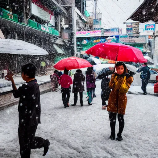 Prompt: photo of people on the snowy Bangkok streets, high details, 70mm