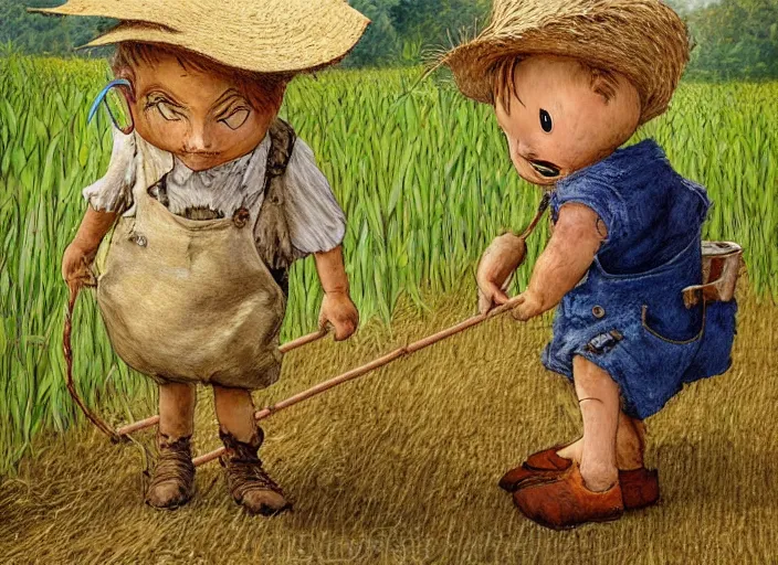 Image similar to a cute short and wide scarecrow with straw for hair and with a straw hat in overalls walking on a dirt road next to a large tall corn field, children's book by tom lovell, ross tran, terry redlin, jean baptiste monge, beatrix potter, painterly