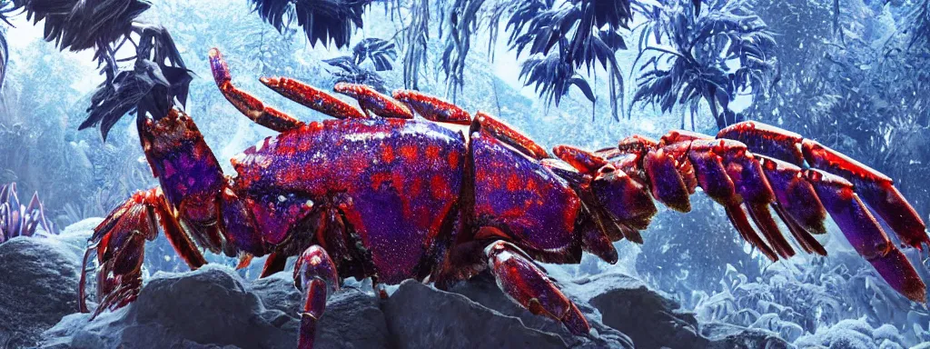 Prompt: large sabretooth lobster with shiny blue fish scales skin and silver electric claws, walking in a dense alien snow covered frosty jungle, with snow covered colourful red, blue and purple plants, large vines, snow covered arched organic rock structures, in the style of monster hunter world, like concept art on artstation, hyperdetailed, vray render, octane render,