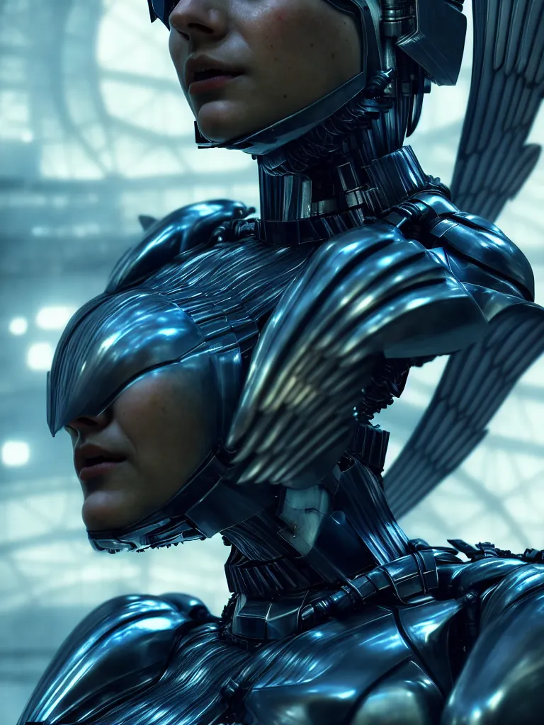 Image similar to portrait of a mechanical angel in a marvel movie, science fiction industrial hard science concept art, 8K render octane high definition cgsociety, photorealistic, unreal engine 5