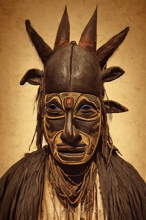 Image similar to portrait, headshot, digital painting, an old witchdoctor in african benin wooden painted ritual animal mask, realistic, hyperdetailed, chiaroscuro, concept art, art by frans hals