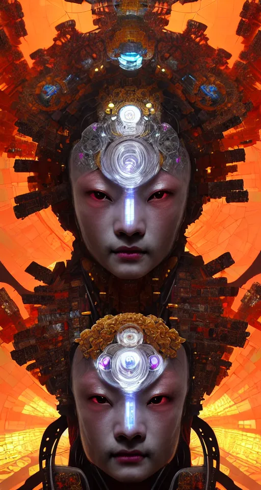 Image similar to asura from chinese myth, ghost, gorgeous and huge head ornaments, dystopian, cyberpunk, organic fractal mycelum and fungi, mecha, halfturn portrait of a big crystal face made of crystals half - turn, ominous, intricate, studio, art by anthony macbain + greg rutkowski + alphonse mucha, concept art, 4 k, sharp focus