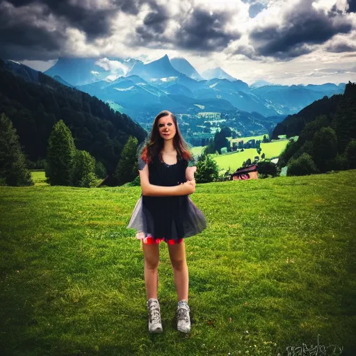 Image similar to a beautiful photograph of a girl with switzerland landscape in the background with trees, hdr, 8 k, high quality, sharp focus, artstation, highly detailed, award - winning, dramatic lighting, beautiful clouds, and nature