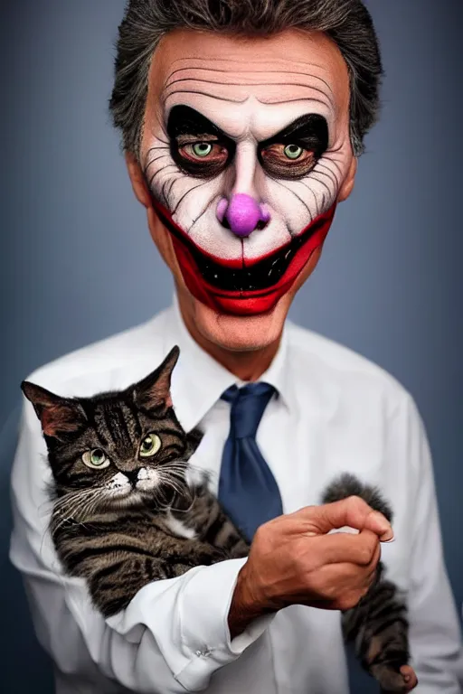 Image similar to Mauricio Macri with an angry cat in his hand in Elaborate Joker Makeup and prosthetics designed by Rick Baker, Hyperreal, Head Shots Photographed in the Style of Annie Leibovitz, Studio Lighting