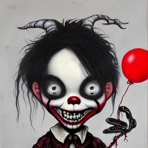 Prompt: grunge cartoon painting of goat with a wide smile and a red balloon by chris leib, loony toons style, pennywise style, corpse bride style, horror theme, detailed, elegant, intricate