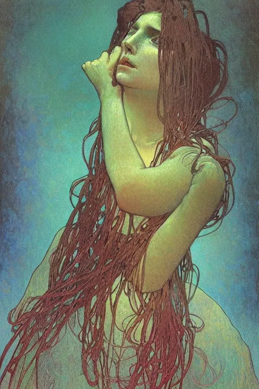 Prompt: woman portrait, alphonse mucha meet beksinski