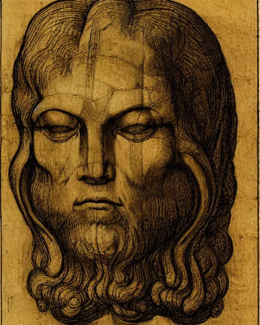 Image similar to head with three faces creature, drawn by da vinci