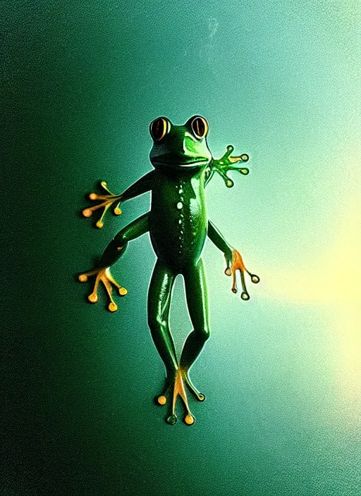 Image similar to “smiling frog vertically hovering over misty lake waters in jesus christ pose, semi translucent frog body, low angle, long cinematic shot by Andrei Tarkovsky, paranormal, eerie, mystical”