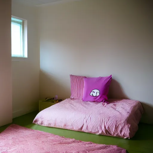 Prompt: silhouette of person at the edge of bed, children's room, eerie