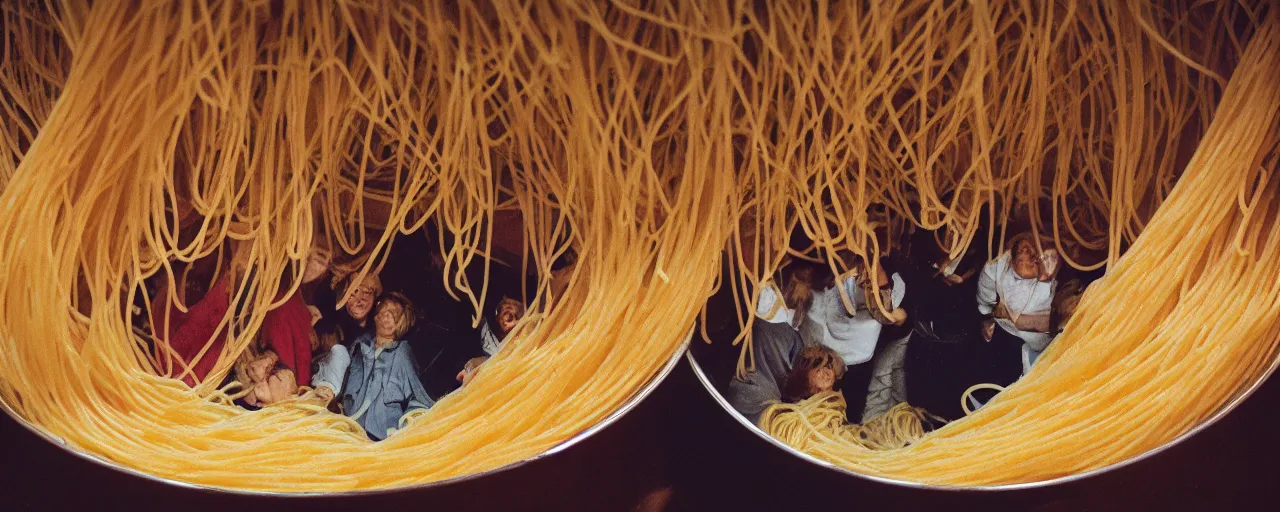 Prompt: a group of people inside a giant bowl of spaghetti, trying to get out, canon 5 0 mm, cinematic lighting, photography, retro, film, kodachrome