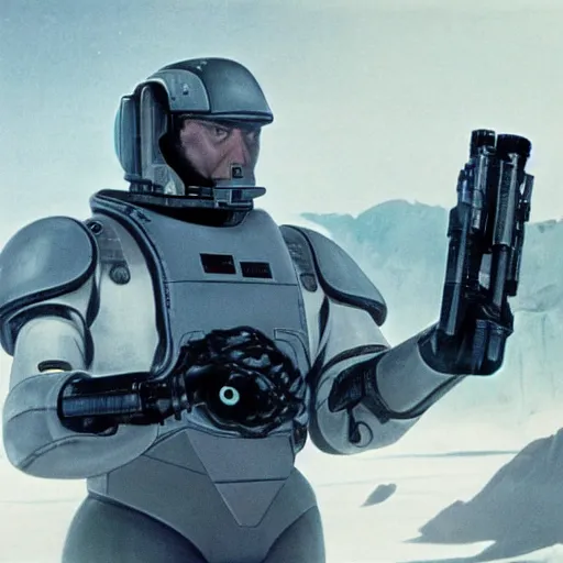 Prompt: photograph of an stern old man wearing futuristic gray heavy exosuit armor with navy blue detailing holding a white plastoid shield in his left hand and a blaster in his right hand. in the background there is a scifi battle taking place with trenches and force - field generator trucks and laser machineguns on a rolling green plains with snowcapped mountains in the distance. science fiction.
