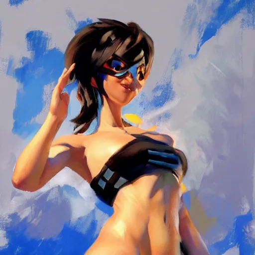 Prompt: greg manchess splashart painting of overwatch's tracer in a bikini