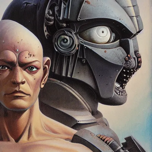 Image similar to A mixed media portrait painting of a naraka buddhist demons, sweat, aesthetic symmetrical face and eyes, photorealistic, model, wet, starship-troopers, pacific-rim-mech in background, eighties pinup style, by Frank Frazetta, Boris Vallejo, Beeple, Greg Rutkowski, Christian MacNevin, epic fantasy character art, high fantasy, CGsociety, exquisite detail, post-processing, masterpiece, cinematic