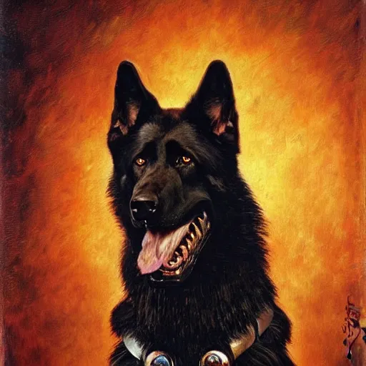 Prompt: a portrait of a black german shepard dogman canine with human eyes and mouth star trek captain red shirt. highly detailed painting by gaston bussiere craig mullins jc leyendecker gustav klimt artgerm greg rutkowski