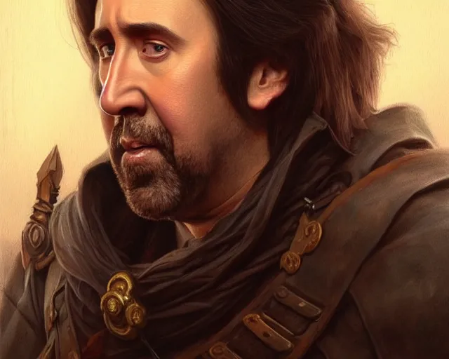 Image similar to if nicolas cage was a halfling from d & d, deep focus, d & d, fantasy, intricate, elegant, highly detailed, digital painting, artstation, concept art, matte, sharp focus, illustration, hearthstone, art by artgerm and greg rutkowski and alphonse mucha