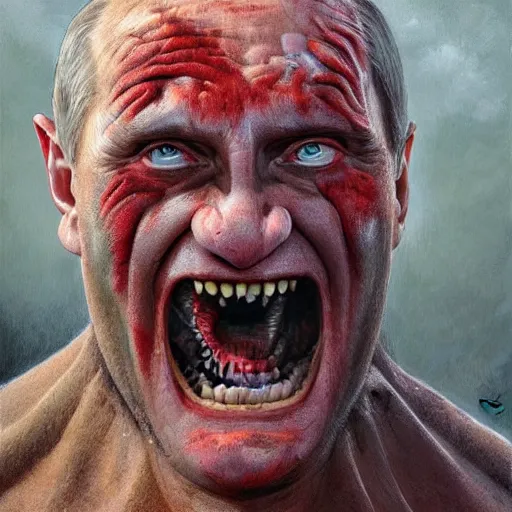 Image similar to vladimir putin, putin is bald caveman, awe face, toothless, saw teeth, reptile eyes, peeling skin, horror macabre face, clown nose, by donato giancola and greg rutkowski and wayne barlow and zdzisław beksinski, realistic face, digital art