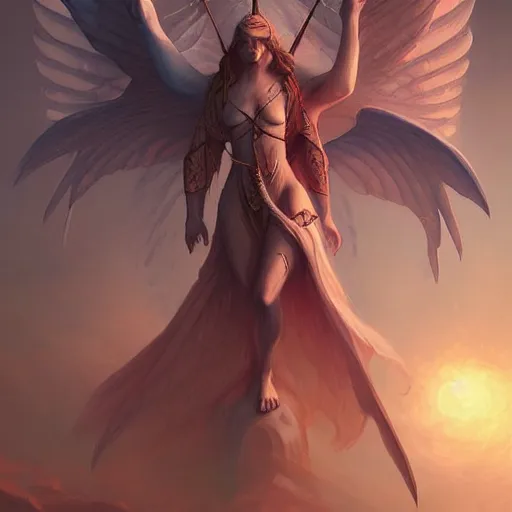 Image similar to fallen seraphim biblical detailed illustration by peter mohrbacher by marc simonetti on artstation,