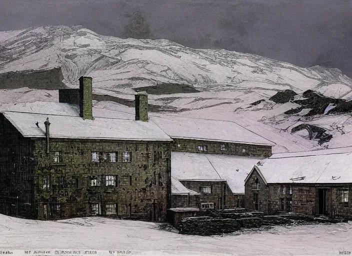 Prompt: an old research facility sits on a remote mountain. the cold seems to creep over everything and consume it entirely, leaving only black and frozen corpses, by atkinson grimshaw john