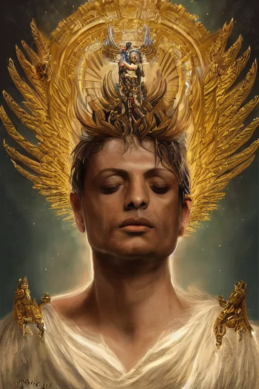 Image similar to a Chihuahua as god with a radiant halo and wings, detailed face, gorgeous, flowing hair, very muscular male body, partial anatomy, stormy and grand war scene, delicate and intricate borders for decoration, caesar victorious, proud Emperor, split lighting, character close-up, intricate, highly detailed, 8K, digital painting, fantasy, concept art, sharp focus, art by greg rutkowski beeple and alphonse mucha