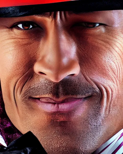 Image similar to Film still close-up shot of Dwayne Johnson as Willy Wonka from the movie Willy Wonka & The Chocolate Factory. Photographic, photography