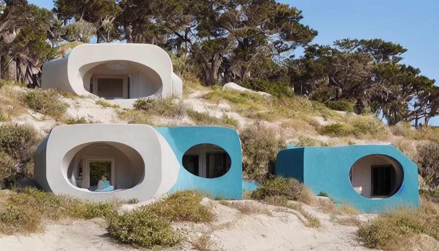 Image similar to An architectural rending of an eco-community of contemporary 3D printed sea ranch style cabins with rounded corners and angles, beveled edges, made of cement and concrete, organic architecture, on the California coastline with side walks, parks and public space , Designed by Gucci and Wes Anderson, golden hour