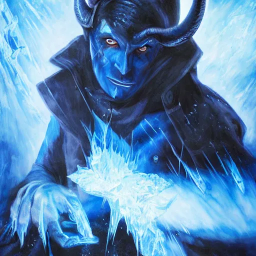 Prompt: a blue tiefling man wearing dark cloths frozen in a block of ice and being shattering into a million pieces, action, cracked, destroyed, shattering, breaking, by Tony Sart, detailed, realistic, masterpiece