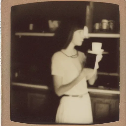 Image similar to a very beautiful old polaroid picture of a young women inside a coffee shop, award winning photography