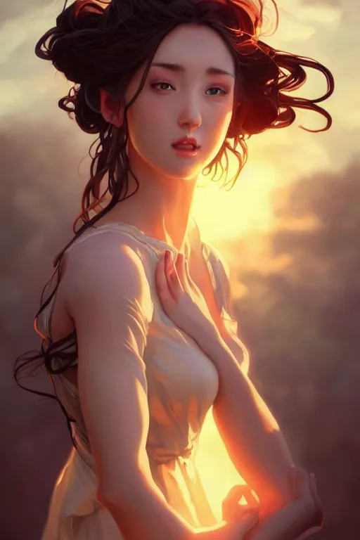 Image similar to 3 / 4 portrait dancing in the sunset a seductive meditation goddess in the style of artgerm, wlop, greg rutkowski, alphonse mucha and ayami kojima, realistic details, volumetric lighting, very very very very beautiful symmetrical face, trending on artstation, artstationhd, artstationhq, unreal engine, 4 k, 8 k