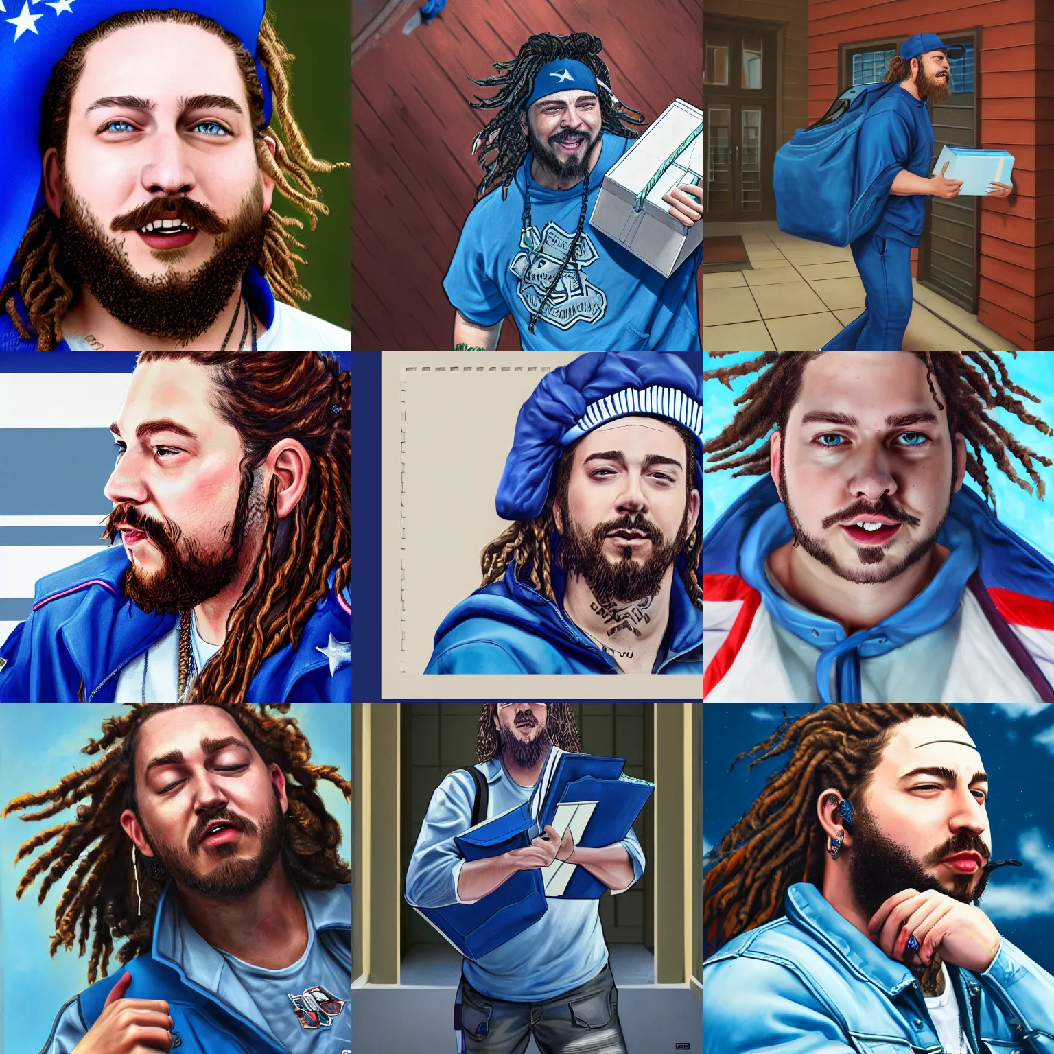 Prompt: a closeup photorealistic illustration of post malone delivering mail as a us mail carrier and blue bag. fine detail. this 4 k hd image is trending on artstation, featured on behance, well - rendered, extra crisp, features intricate detail, epic composition and the style of unreal engine.