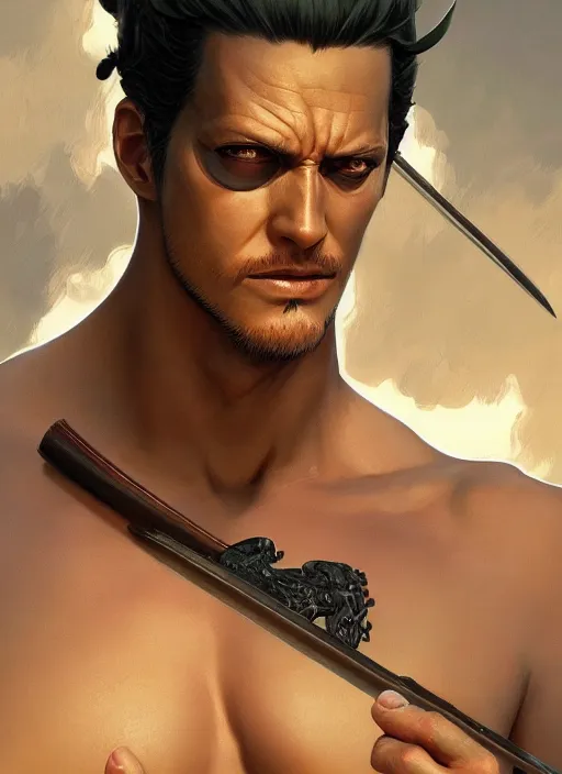 Image similar to ultra realistic illustration, handsome zoro. intricate, highly detailed, digital painting, artstation, concept art, smooth, sharp focus, illustration, art by artgerm and greg rutkowski and alphonse mucha and wlop