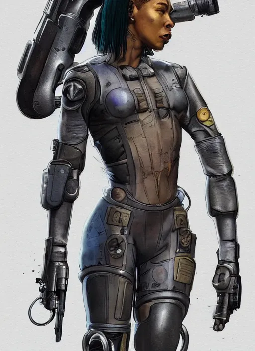 Prompt: sonya igwe. cyberpunk mercenary in tactical harness and jumpsuit. dystopian. portrait by stonehouse and mœbius and will eisner and gil elvgren and pixar. realistic proportions. cyberpunk 2 0 7 7, apex, blade runner 2 0 4 9 concept art. cel shading. attractive face. thick lines. moody industrial setting.