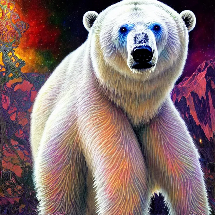 Image similar to bright psychedelic fluffy hairy cyborg polar bear, diffuse lighting, fantasy, intricate, elegant, highly detailed, lifelike, photorealistic, digital painting, artstation, illustration, concept art, smooth, sharp focus, art by John Collier and Albert Aublet and Krenz Cushart and Artem Demura and Alphonse Mucha