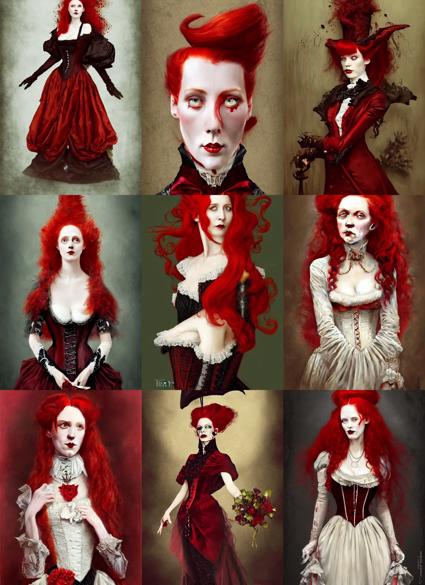 Prompt: portrait of a red hair vampire in a victorian wedding costume, art by tim walker, tumblr, viennese actionism, fantasy, intricate and very very beautiful and elegant, highly detailed, digital painting, artstation, concept art, smooth and sharp focus, illustration