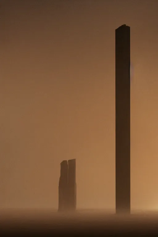 Image similar to a tall room, monolithic, open wall architecture, sand storm enters, streaks of dust, high winds, concrete pillars, ancient sci - fi elements, on an alien planet, sun is blocked by dust, pale orange colors, cinematographic wide angle shot, directed by christopher nolan