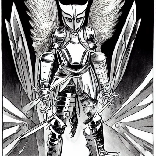 Prompt: barn owl warrior wearing an armor by Takeshi Obata