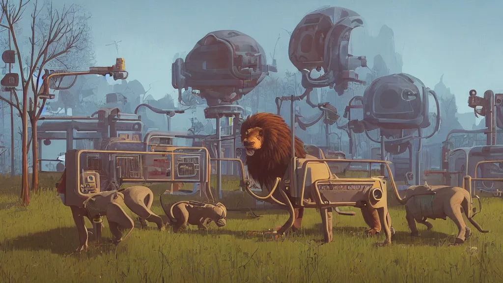 Prompt: lions at a retro-futuristic zoo for robot animals, painting by Simon Stalenhag