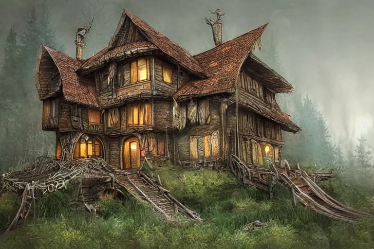 Prompt: a hyperrealistic fantasy illustration of Baba-Yaga's house