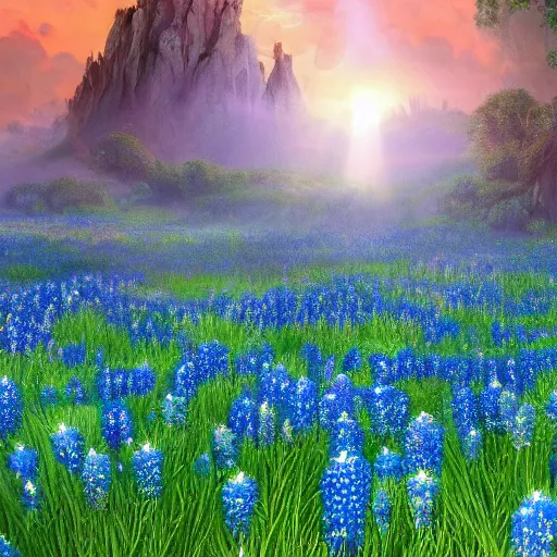 Image similar to a beautiful and detailed picture of gateway to hades surrounded by a field of bluebonnets, in the style of magic the gathering, highly detailed, digital painting, god rays, volumetric lighting, octane render, 4 k resolution, art by adam paquette and johann bodin and jason rainville