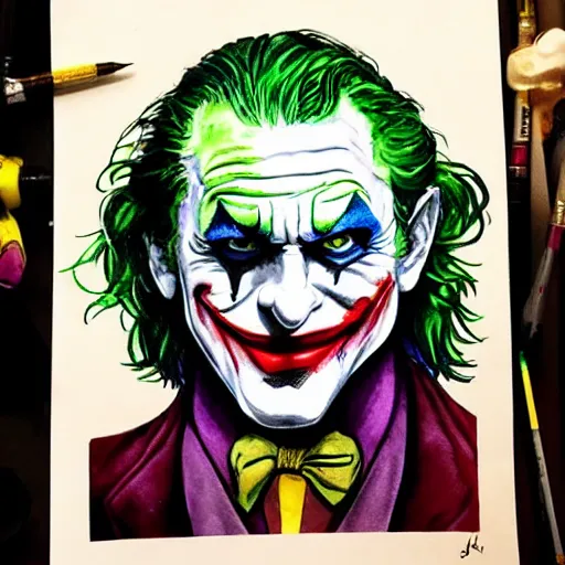 Image similar to the joker watercolor drawing, in the style of greg rutowski, hyper detailed