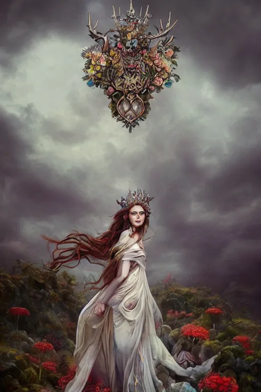 Image similar to fine art photo of the beauty goddess catriona balfe, she is wearing a mystical long gown she has a crown of stunning flowers and gemstones, background full of stormy clouds, by peter mohrbacher