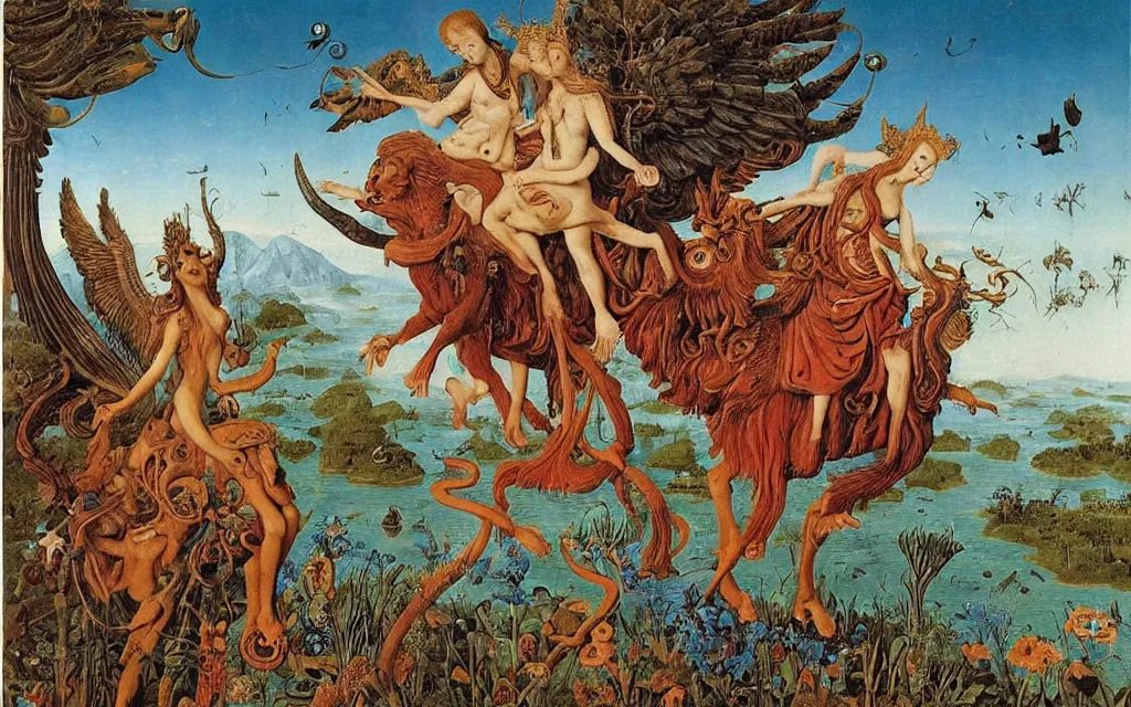 Prompt: a portrait photograph of a meditating harpy and a centaur king riding winged serpents and hugging animals at a river delta. surrounded by bulbous flowers, animals and trees. mountains range under a blue sky of burning stars. painted by jan van eyck, max ernst, ernst haeckel and ernst fuchs, cgsociety, fashion editorial, 8 k