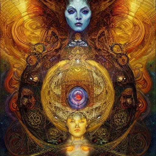 Image similar to Divine Chaos Engine by Karol Bak, Jean Deville, Gustav Klimt, and Vincent Van Gogh, beautiful visionary mystical portrait, sacred geometry, otherworldly, fractal structures, ornate gilded medieval icon, third eye, spirals