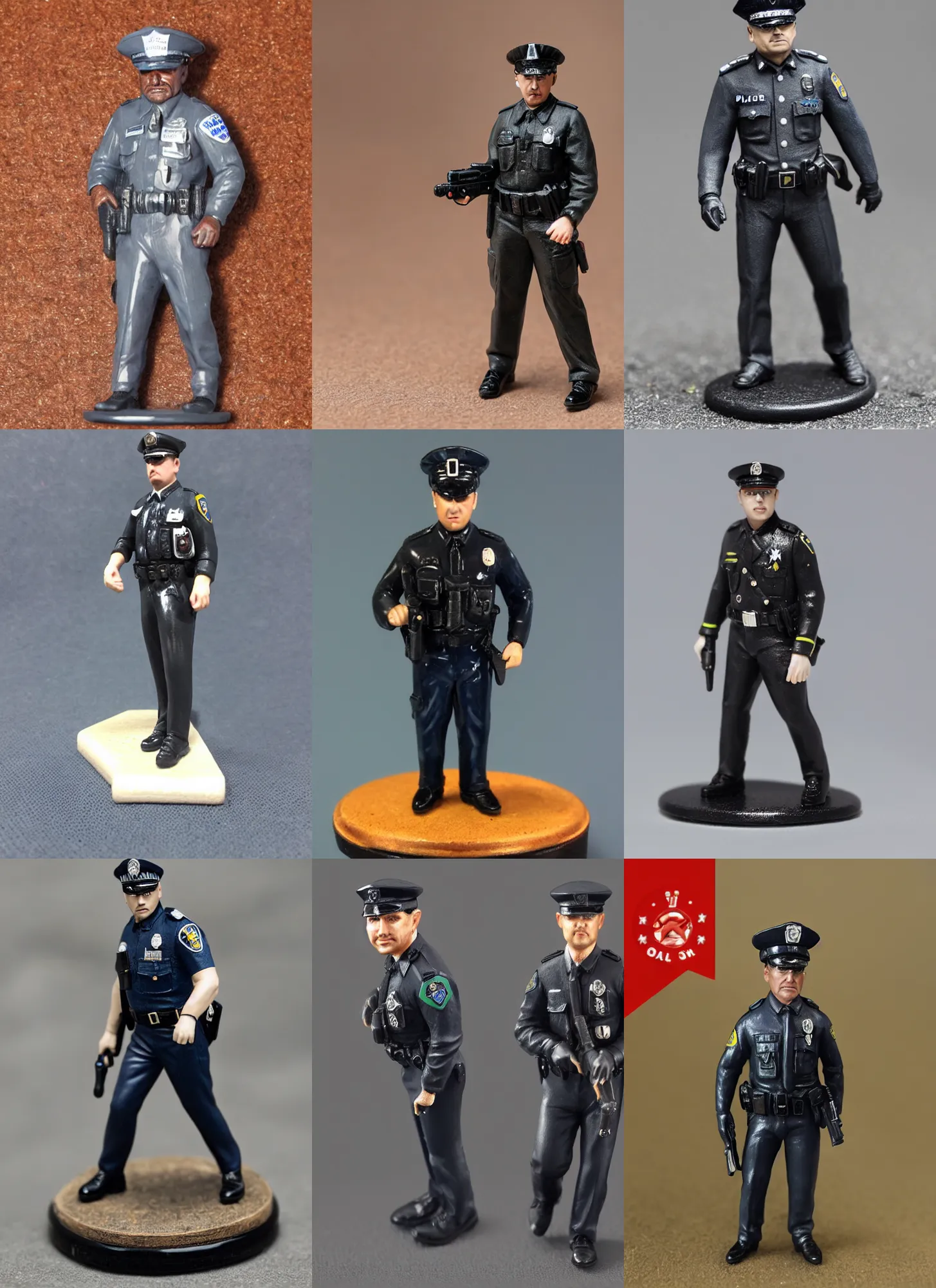 Prompt: 80mm resin detailed miniature of a cop, full body, ear, shoes, police cap, Logo, textured base; Miniature Product Photos, 4K, view from front