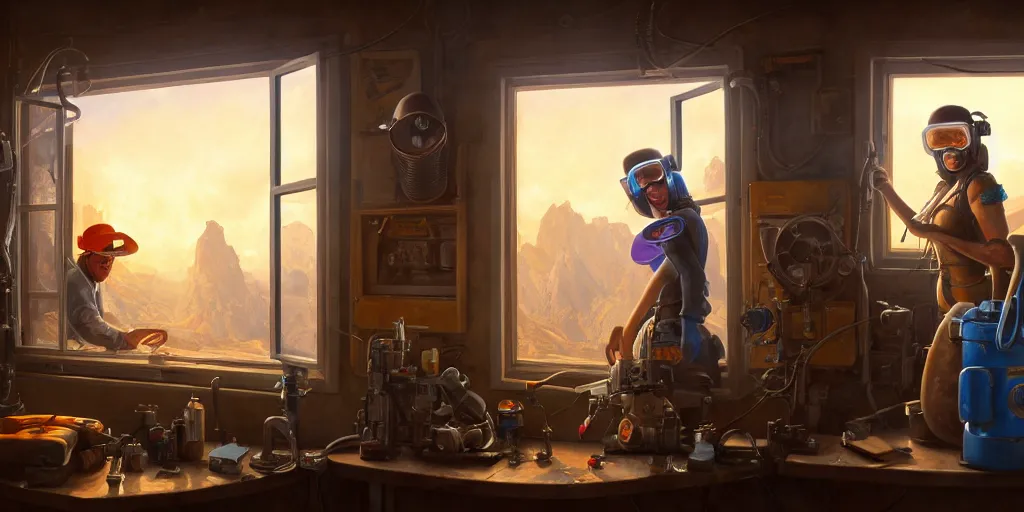 Image similar to highly detailed portrait painting of welder and angelina joile, room mono window, by eddie mendoza and tyler edlin, 8 k resolution