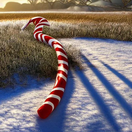 Prompt: a large colorful candy cane is sticking out the ground on the side of a serene foot path. there are some snow drifts laying against the candy. there are snow flurries in the air. epic, awe inspiring, dramatic lighting, cinematic, extremely high detail, photorealistic, cinematic lighting, trending on artstation cgsociety rendered in unreal engine, 4 k, hq,